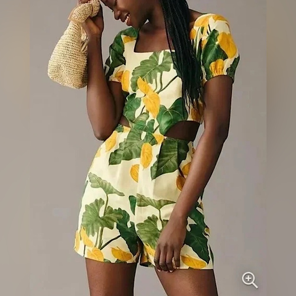 FARM RIO/ANTHROPOLOGY Green and Yellow floral romper, puff sleeves, back tie.